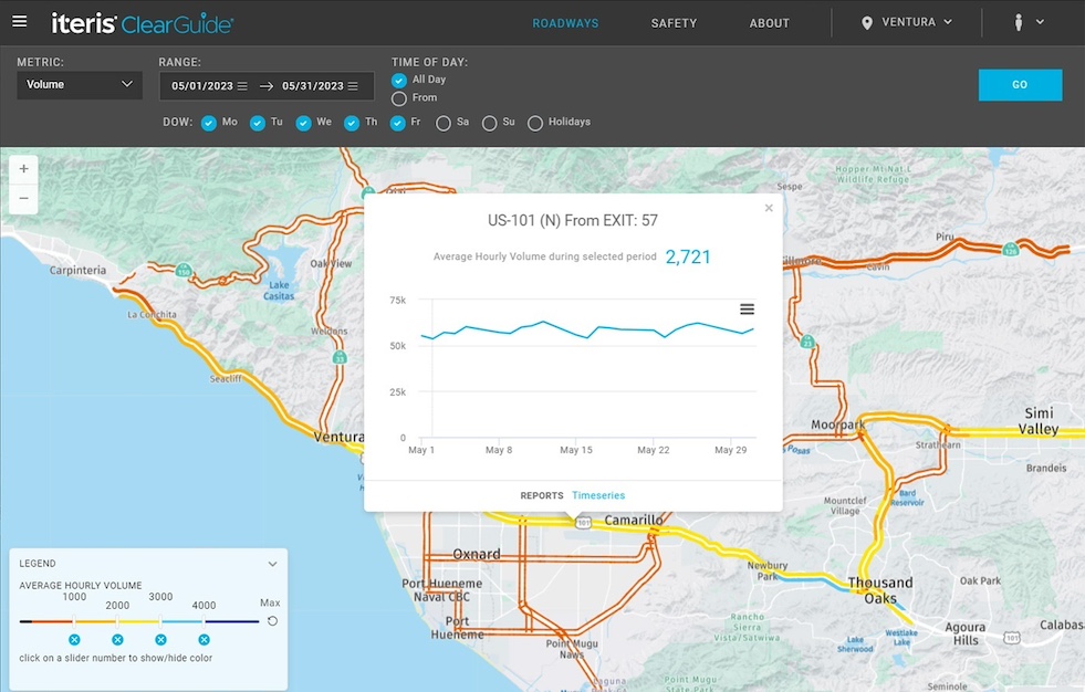 Average Hourly Vehicle Volume, as shown in the ClearGuide Roadways map with the Volumes add-on.